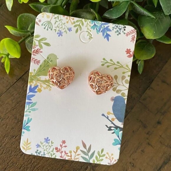 Rose Gold Open Work Heart Post Earrings - Picture 2 of 4